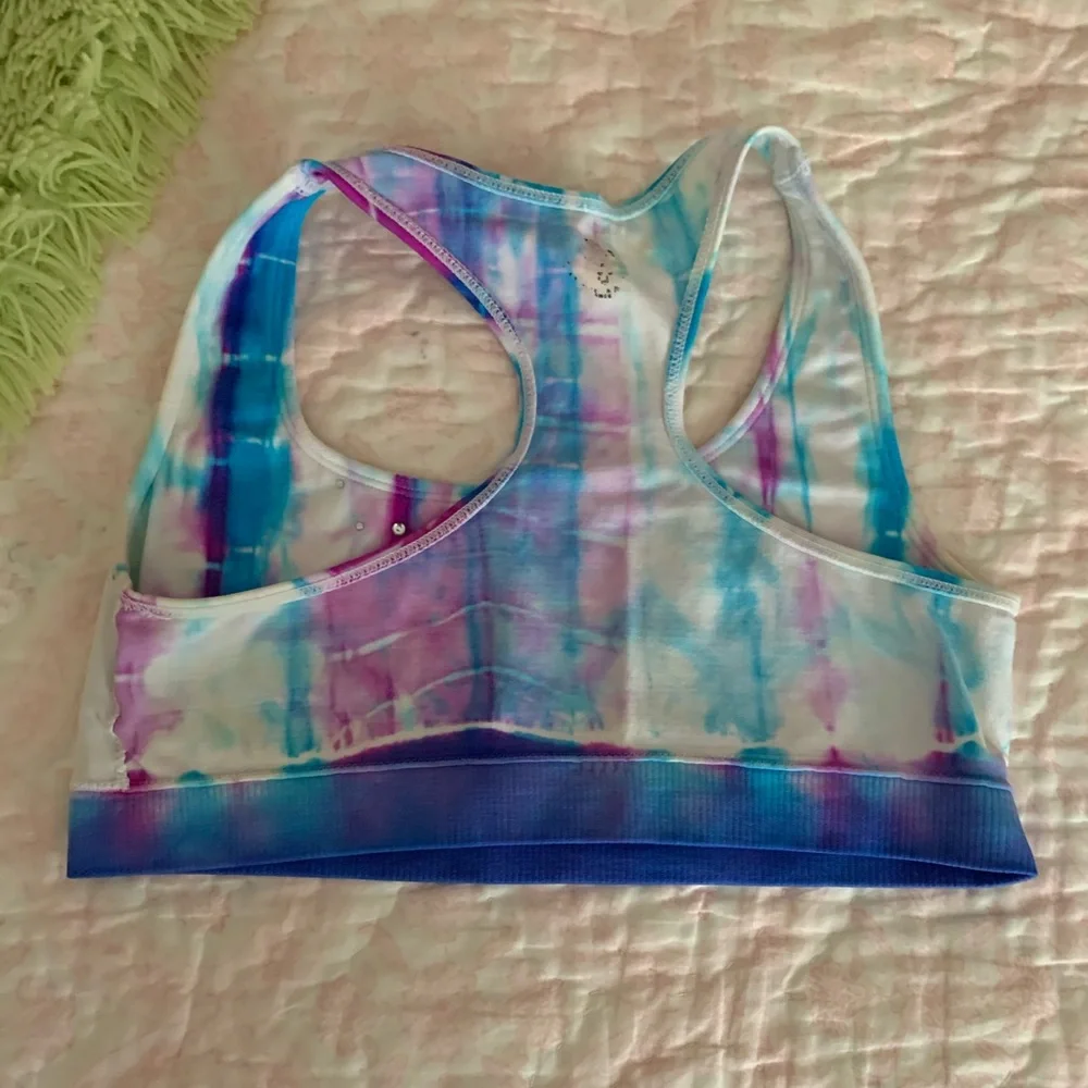 Justice Sports Bra Girls Blue Purple White Tie Dye Racer Back Rhinestone